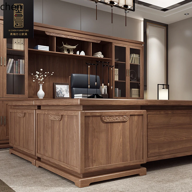 HT new Chinese boss desk, desk bookcase combination, all solid wood office, high-end auspicious cloud big class desk