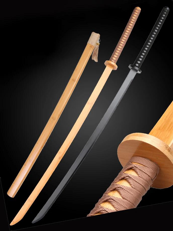 Machete Chinês com Cabo Longo de Madeira e Bainha de Bambu, Espada de Treinamento de Duas Mãos, Estilo Família Qi, Equipament...