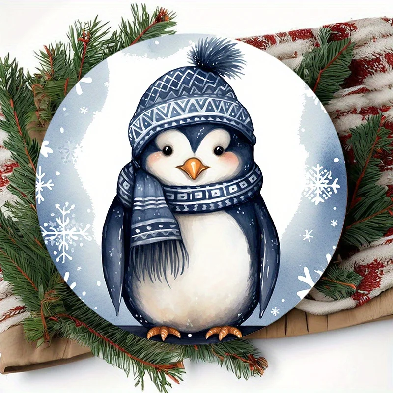 1pc 8x8inch (20x20cm) Aluminum Metal Sign Penguins Welcome Winter Circular Wreath Sign, For Home Club Tavern Decoration