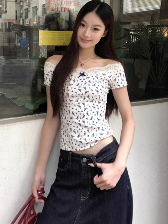 

Pure Desire Sexy One Shoulder Lace Short Sleeve T-shirt for Women in Summer, Floral High End, Off Shoulder Bottom Top new style