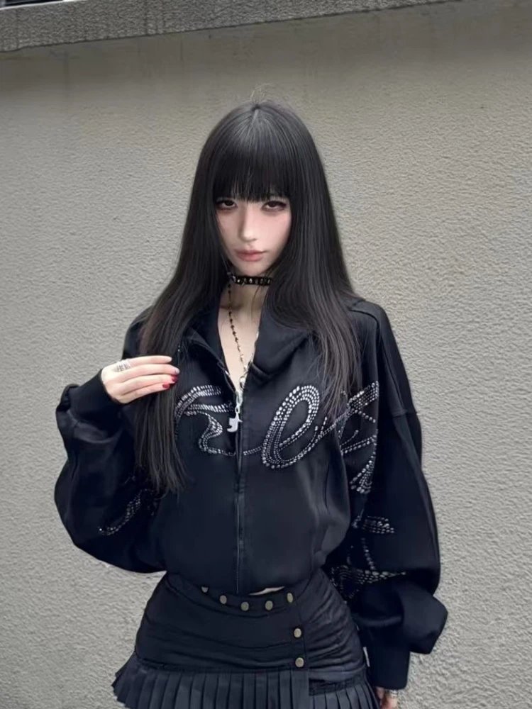 High Street Gothic Autumn Loose Hoodie Women Fashion Darkly Long Sleeve Zipper Black Coat Hot Girl New Y2k Short Vintage Clothes