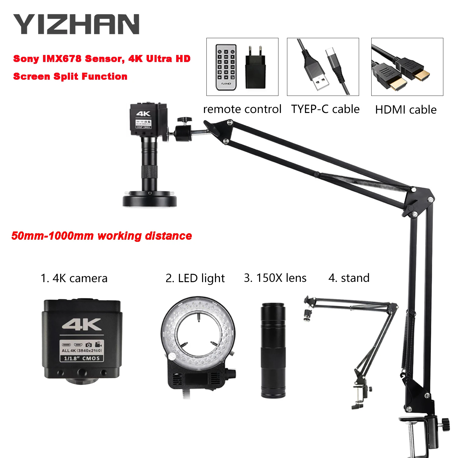 Yizhan 4K 1080P Elektronisches Digitalmikroskop 48MP HDMI USB Löt-Mikroskopkamera 180X 215X Objektiv zur Bildvergrößerung