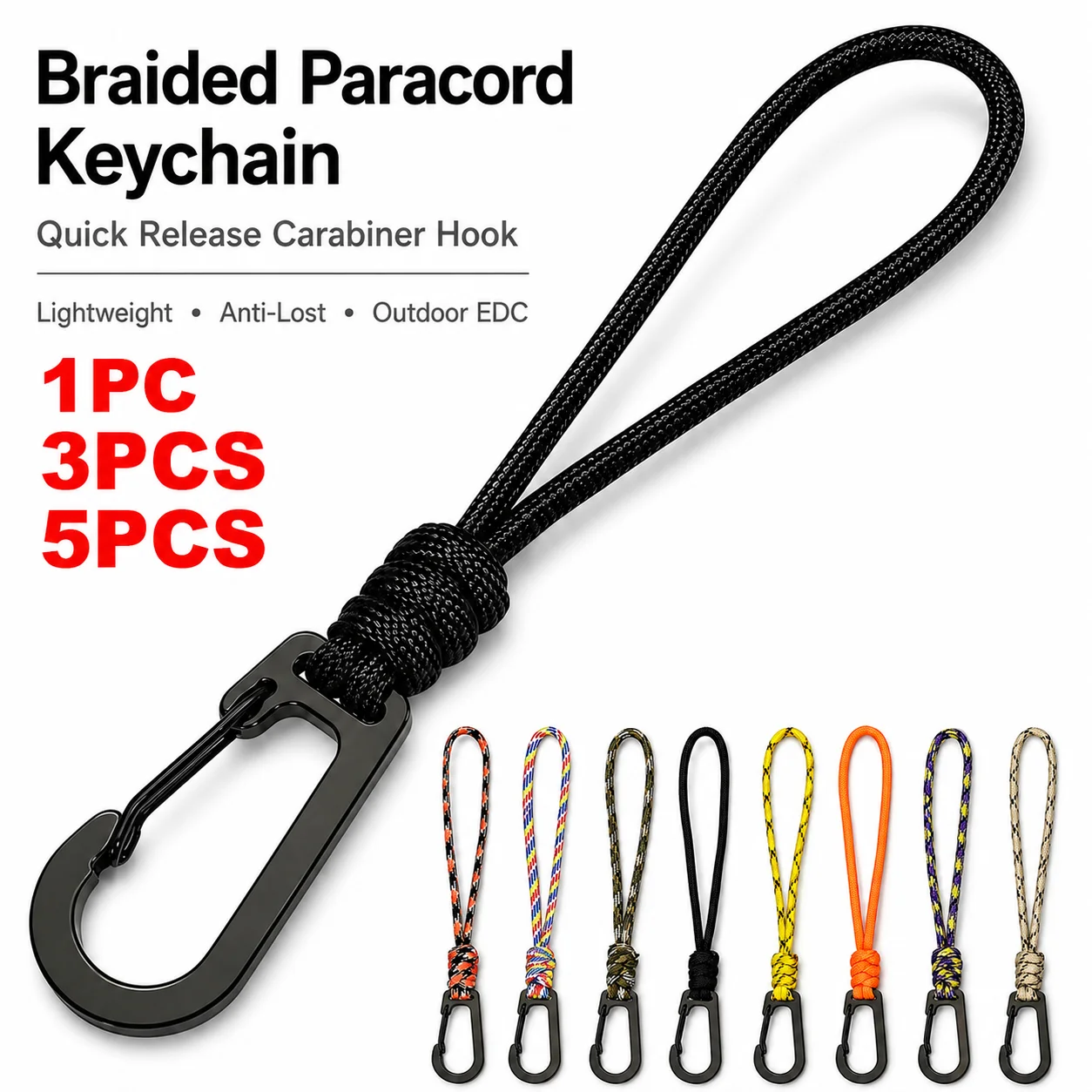Cordão de Pulso Trançado de Paracord para Chaveiro, Mosquetão de Liberação Rápida para Mochila de Acampamento ao Ar Livre, Anti-Perda, Ferramenta EDC para Caminhada