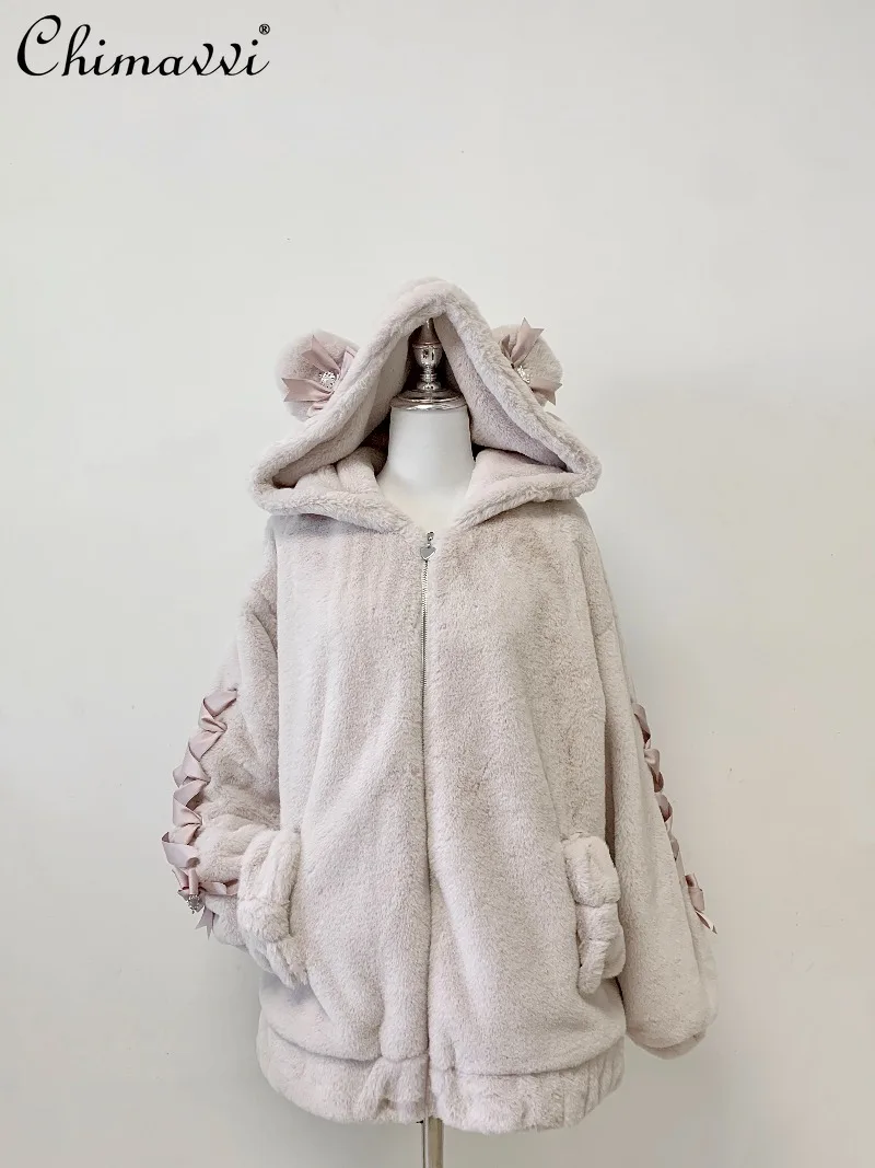 Japanese Sweet Bear Ear Bowknot Fleece Lined Plush Jacket 2025 Winter Clothes New Cute Girl Loose Warm Lolita Coat Women