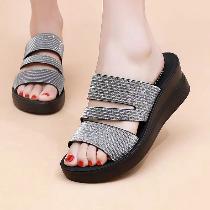 

Summer New Women's Leather Wedges Slippers Thick Sole Non slip Open Toe Lightweight Fashionable Outdoor Slippers Sandals