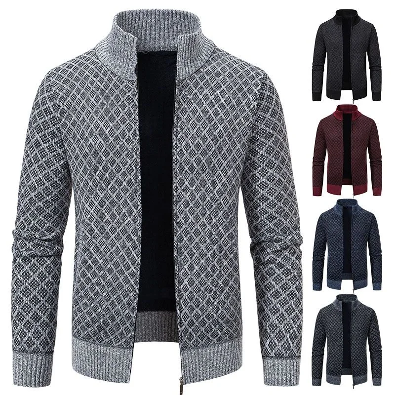 

Men Sweater Knitwear Cardigan 2023 Korean Autumn Winter New Thick Warm Fleece Plaid Stand Collar Jacket Hooded Coat Men Clothing