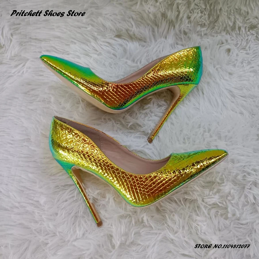 

Женские зеленые туфли-лодочки с лазерным змеиным узором, пикантные туфли из лакированной кожи с острым носком на высоком каблуке-шпильке, летние банкетные туфли больших размеров