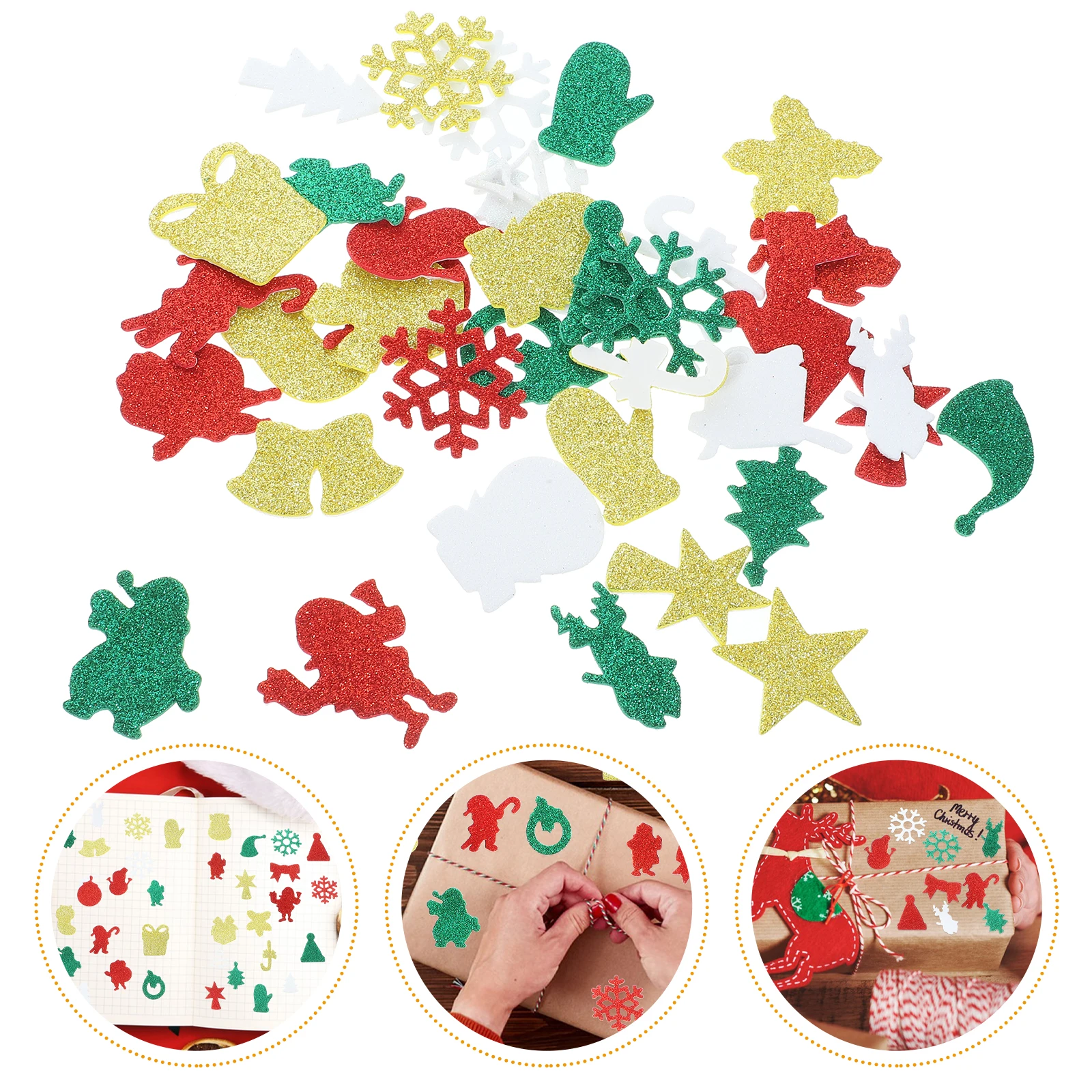 

50pcs Christmas Foam Adhesive Glitter Xmas Scrapbook Diy Stickers Holiday Craft Supplies Wall Decals For Party Decor Small