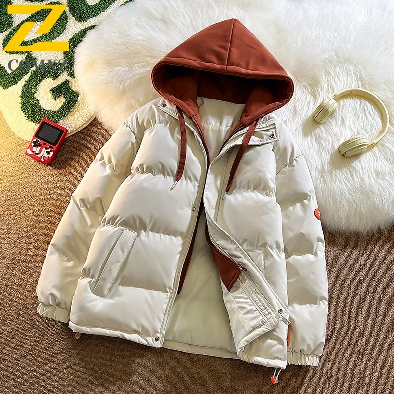 COMXZ 2025 Mens Womens American Style Fake Two Piece Hooded Puffer Jacket Winter Windproof Thickened lightweight windbreaker