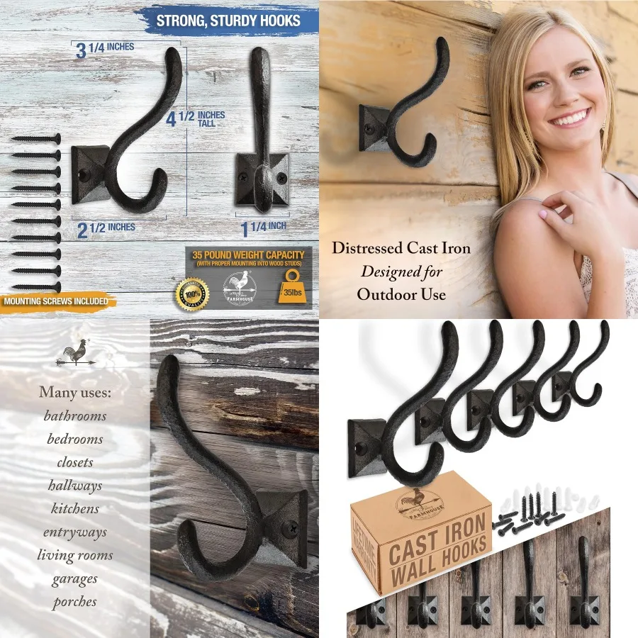 

Rustic Wall Hooks for Hanging 5 Pack Cast Iron Black Coat Hooks Wall Mounted Farmhouse Decor Square Base Hooks for Coats Bags H