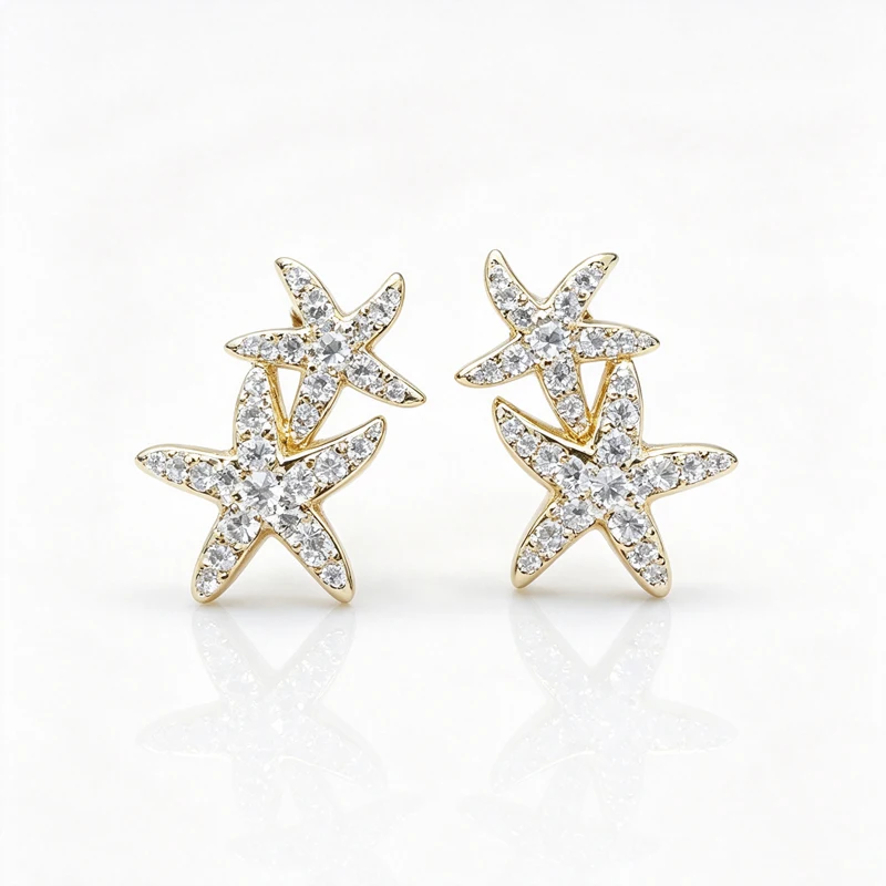 Silver‑Tone Double Starfish Zircon Stud Earrings for Women, Pave Zircon Overlapping Sea‑Theme Pierced Earrings, Delicate Jewelry