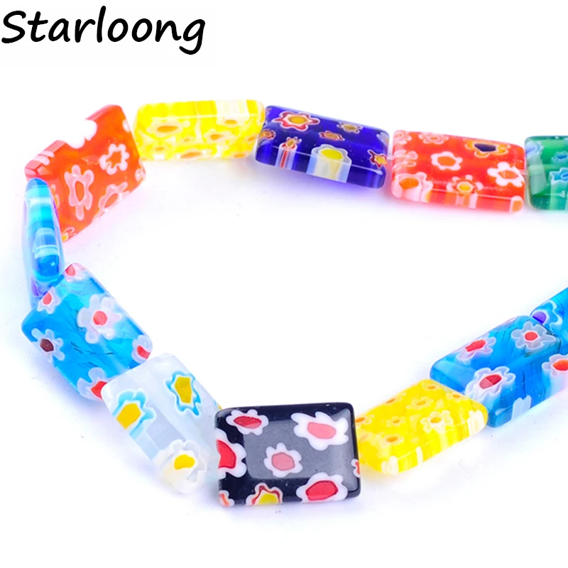 26pcs/string 10*14mm colors mixed rectangle shape flower pattern flat lampwork glazed glass beads DIY jewelry making