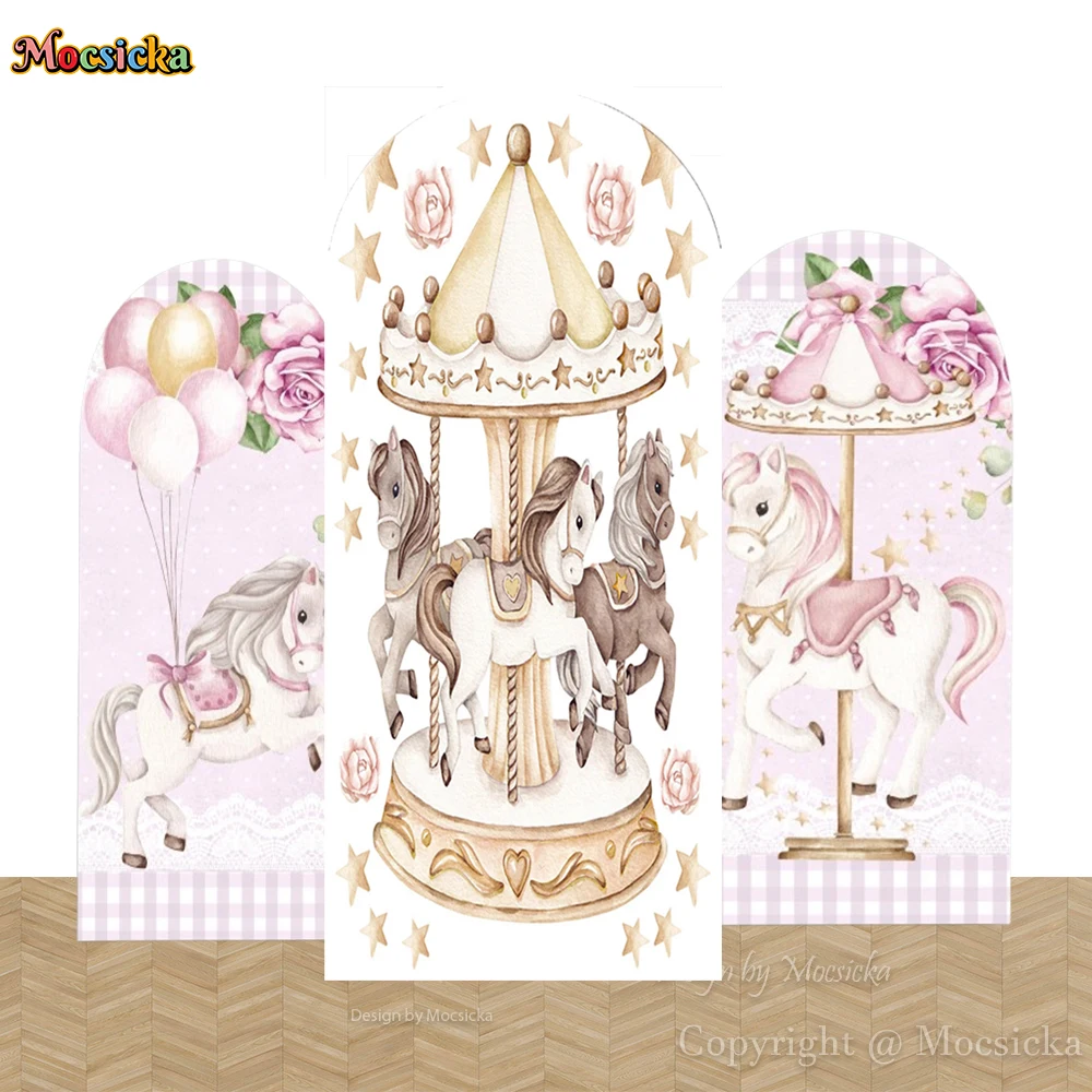 Mocsicka كاروسيل موضوع حفلة قوس خلفية التصوير الفوتوغرافي الأزرق الوردي الأزهار بالون خلفية ديكور صبي فتاة عرض الطفل استوديو الصور