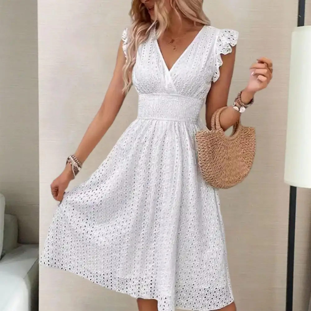 

V-neck A-line Dress Ruffle Sleeves Dress Elegant Ruffle Midi Dress with V Neck Elastic Waist for Women A-line Cutout for Dating