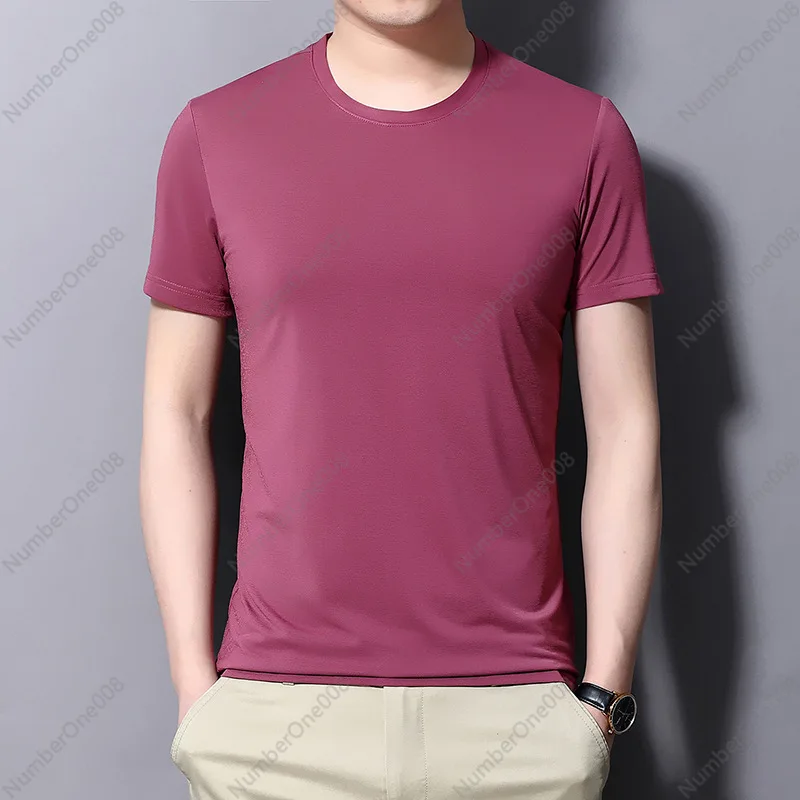 Summer Men's Short Sleeve T-Shirt Fashion Middle-aged and Young Solid Color Slim-fit T-Shirt Men's Ice Silk Casual Little White