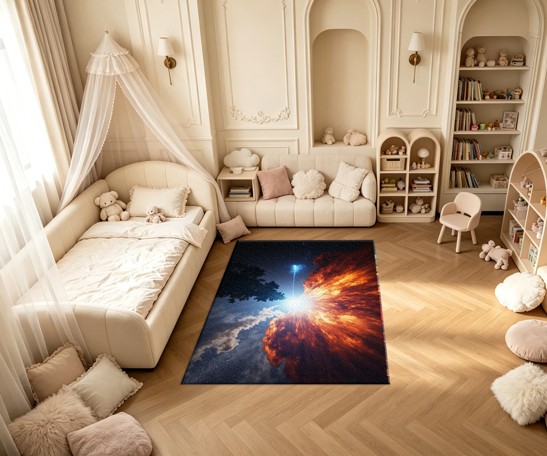 Cosmic Supernova Explosion Space Nebula Carpet Flooring Dramatic Galaxy Star Tree Silhouette Art Printed Square Floor Rug for Indoor Decoration