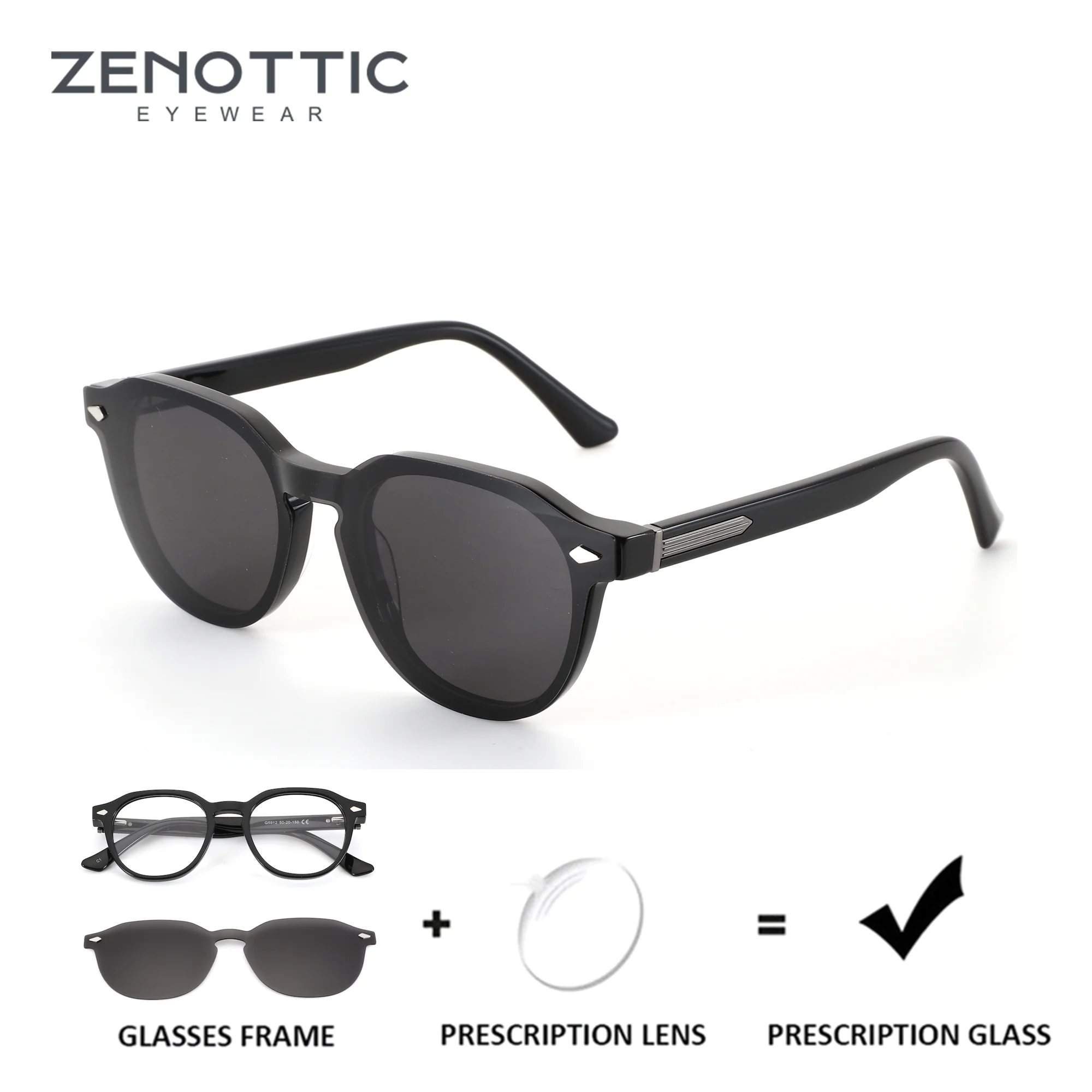 ZENOTTIC Acetate Square Clip on Prescription Glasses For Men Magnetic Polarized Graduated Eyeglasses for Myopia/Progressive