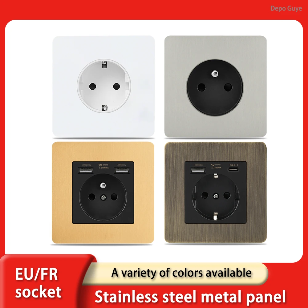 

Ретро ЕС, французская стандартная металлическая двойная настенная розетка USB, антикварная розетка из матовой нержавеющей стали с USB-портом Type-c для зарядки