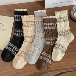 5 Pair Vintage Harajuku Women Socks Fashion Lace Edge Cute Sweet Flower Print Foot Socks Streetwear Korean Style Female Socks