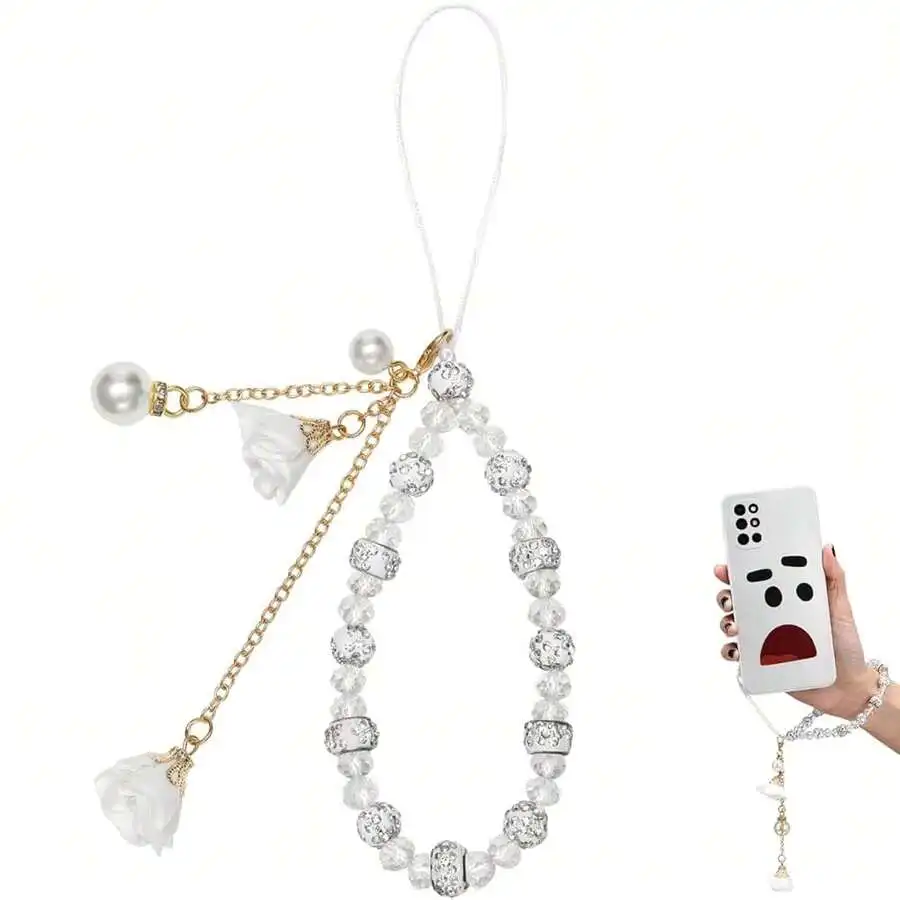 

Crystal Flower Phone Strap With Pearl Pendant Wrist Lanyard For Decoration