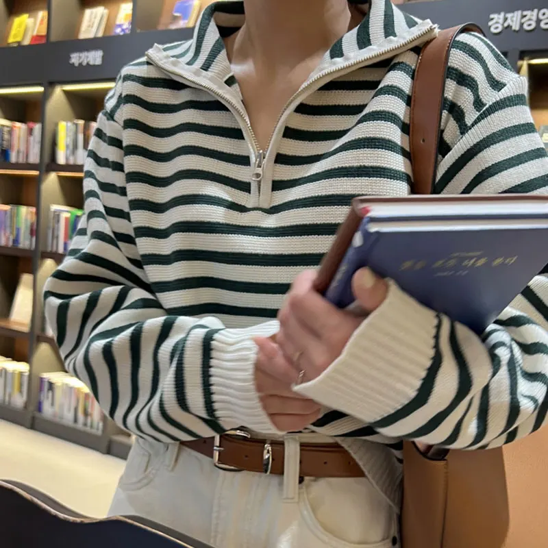 Retro Chic Herbst Winter Lange Sve Ne Gestrickte Pullover Casual Gestreiften Tapisserie Lose Fit frauen Faion Casual Wear