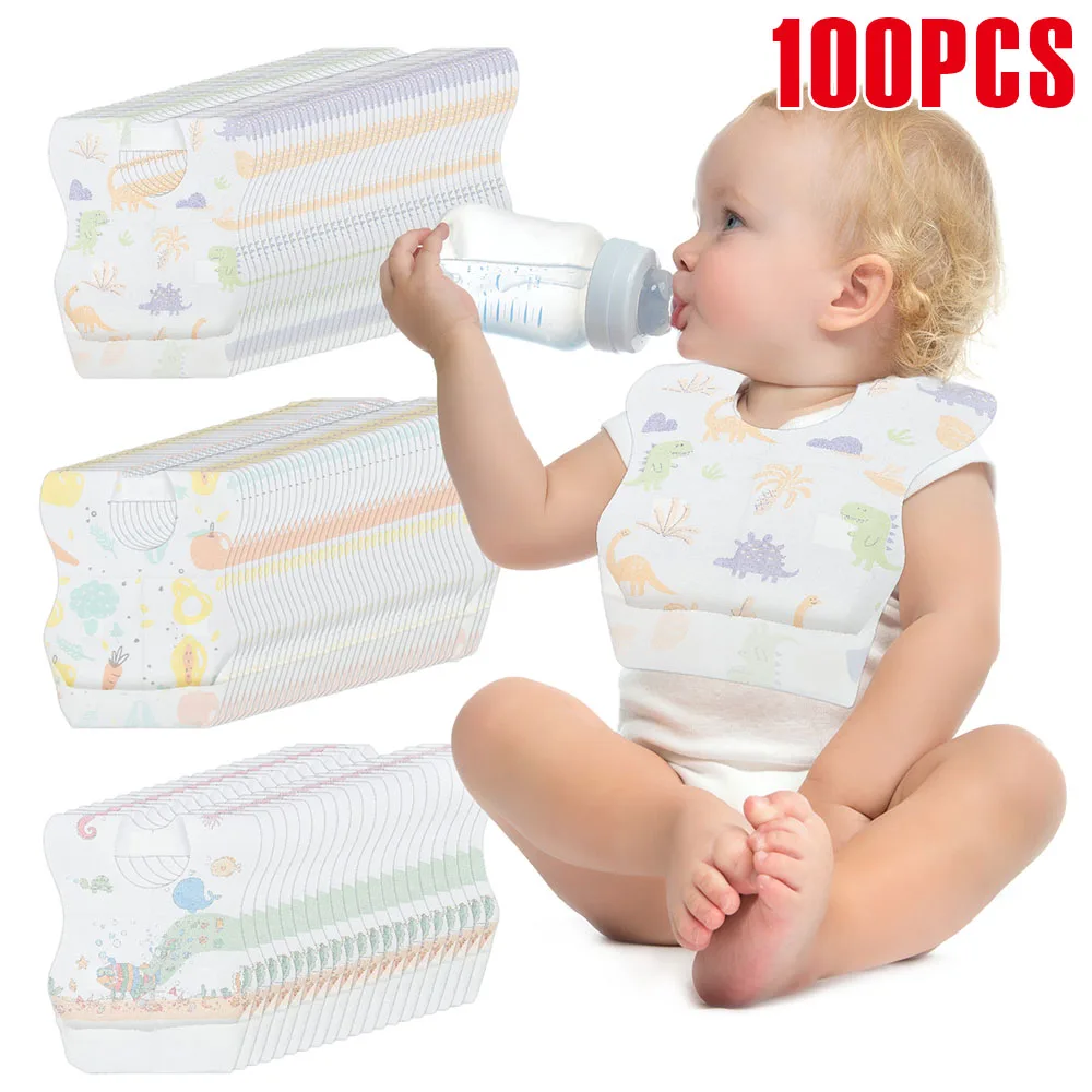 

100 Pcs Disposale Baby Bibs Nonwoven Adjustable Toddler Eating Bib with Food Catcher Baby Feeding Bib for Home Outdoor Traveling