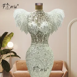 Elegant Beaded Feathers Cap Sleeve Formal Evening Dress Mermaid 3D Lace Sequin Wedding Party Gowns vestidos de ocasión formales