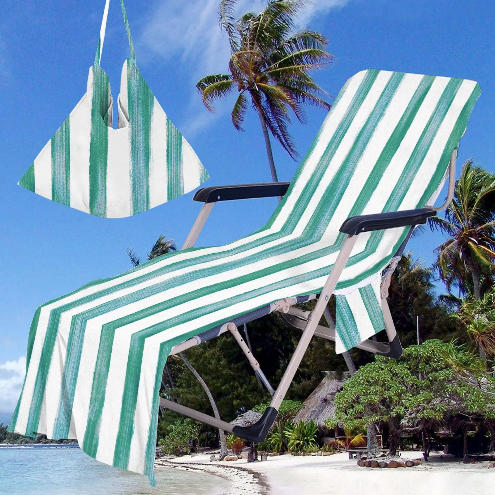 غطاء كرسي الشاطئ، منشفة استرخاء محمولة، غطاء صالة تشيس عملي مع جيوب جانبية لحمام السباحة الصيفي والحديقة المائية