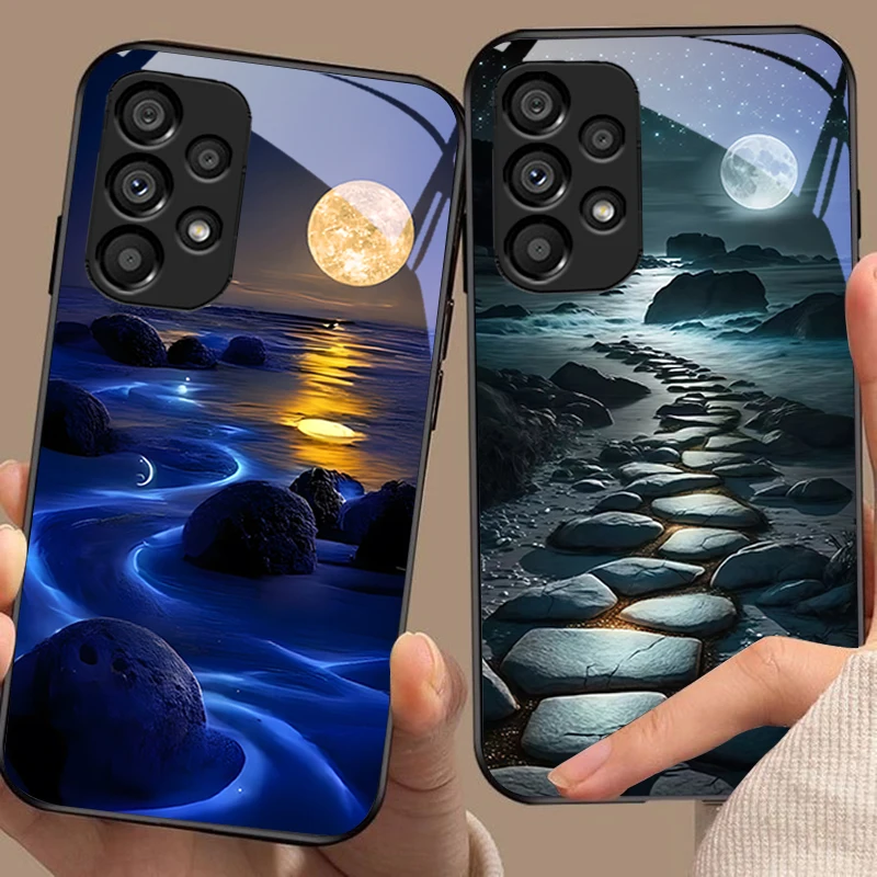 Big Window Powder For Samsung Galaxy S 8 9 10 20 Plus 21 FE 22 23 24 Ultra S7 Edge Black Tempered Glass Phone Case Hard Shell