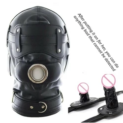 PU Leather Headgear Hood Dildo Open Mouth Oral Gag Bite Silicone Penis Plug Lockable Harness BDSM Bondage Adult Playing Sex Toy