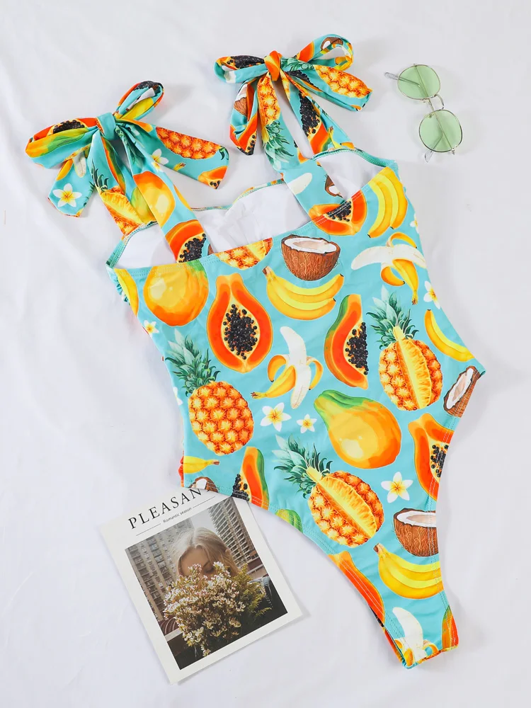 Bañador con estampado de frutas para mujer, Bikinis plisados de cintura baja, traje de baño de una pieza, traje de baño con Push-Up