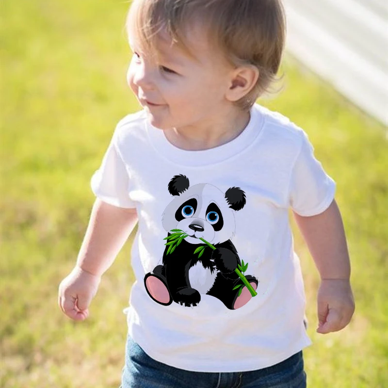 Śliczne Panda drukowane dinozaur T-shirt dla chłopców Girsl strój na lato topy dzieci Casual T Shirt Kawaii dzieci ubrania z krótkim rękawem