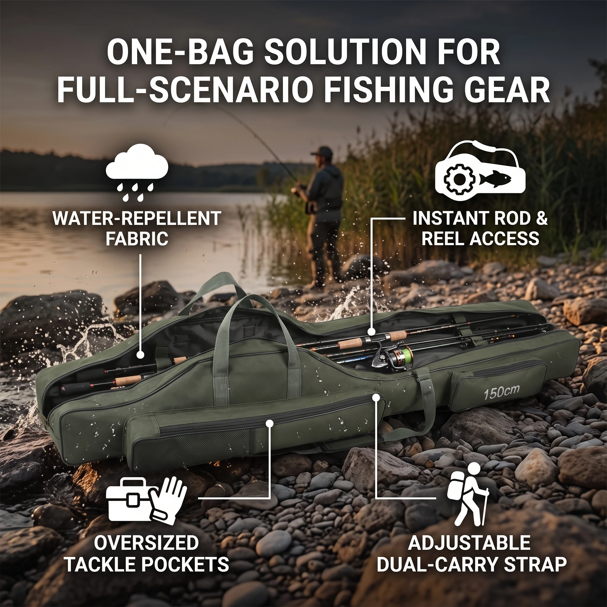 Portable Fishing Bag Folding Fishing Rod Reel Bag Fishing Pole Gear Tackle Tool Carry Case Carrier Travel Storage Bag Organizer