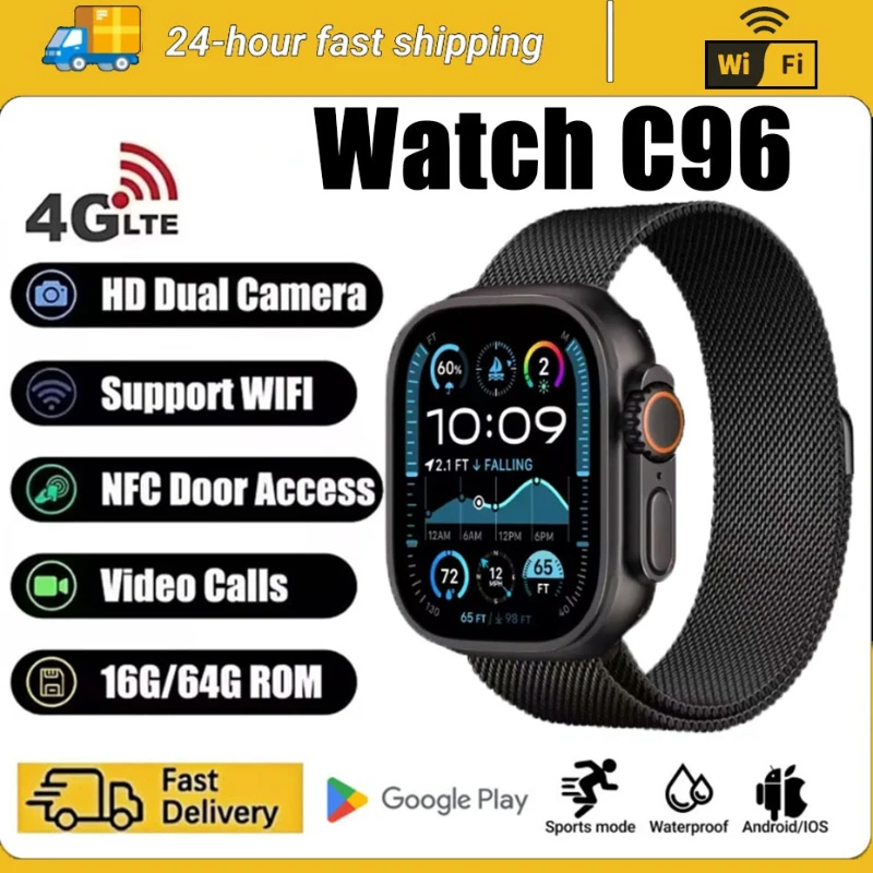 

c96 Сетевая SIM-карта 5G 2,1 дюйма Amoled GPS WIFI Смарт-часы с глобальным вызовом для мужчин Ultra s10 Android 9.0 Смарт-часы высший выбор