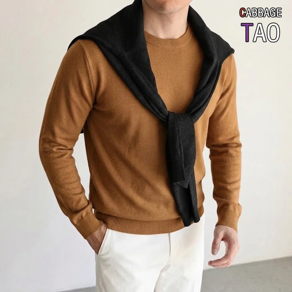New Mens Round Neck Long Sleeve Knit Jumper Plain Hue Supple Oversized Pullover Blouses Winter Cozy Outer Garment Slim Jackets