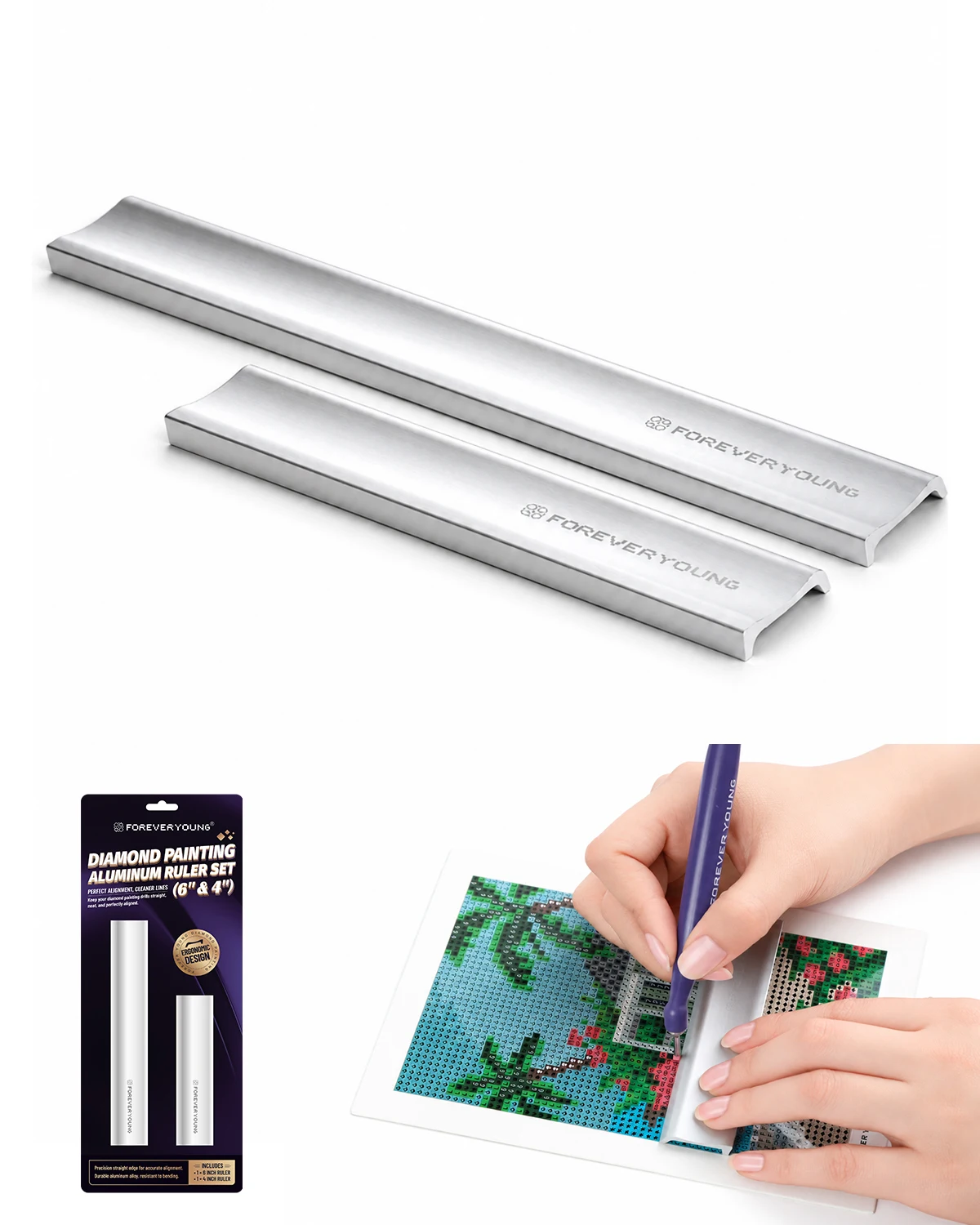 ForeverYoung 4-inch & 6-inch Aluminum Alloy Alignment Ruler Set for Diamond Painting – Universal Positioning Aid for Square and