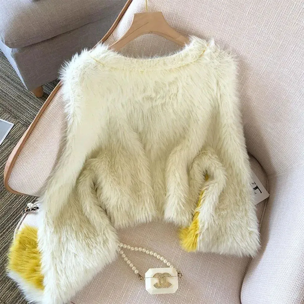 Mohair Knitted V Neck Crop Sweater Retro Color Block Sweaters For Women Soft Cozy Korean Pullovers Autumn Casual Yellow Jumpers