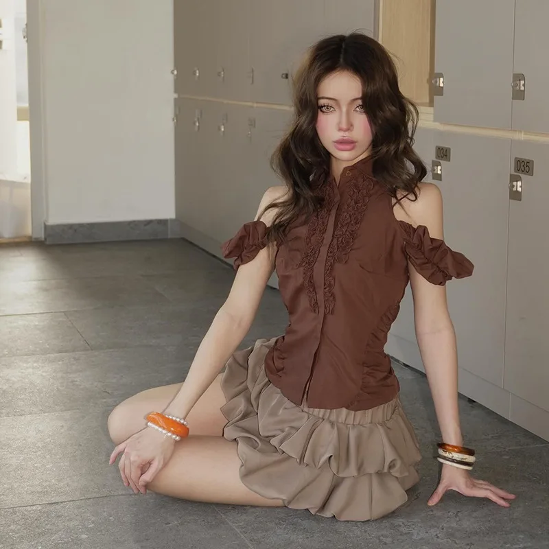 جودة عالية الساخن بيع بالجملة 2025 الصيف البند شخصية قبالة الكتف تي شيرت التلبيب عالية الخصر الفطريات حافة تنورة النساء