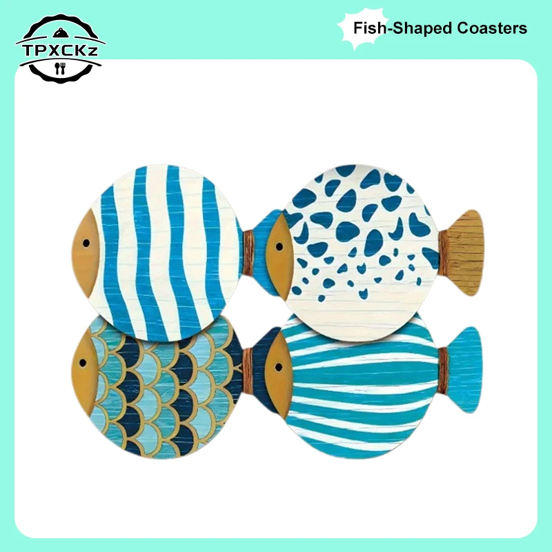 Fish-shaped Wooden Coasters 4pcs/set Vibrant Blue White Pattern Wooden Placemats Heat-Resistant Cup Mat for Coffee & Tea Lovers