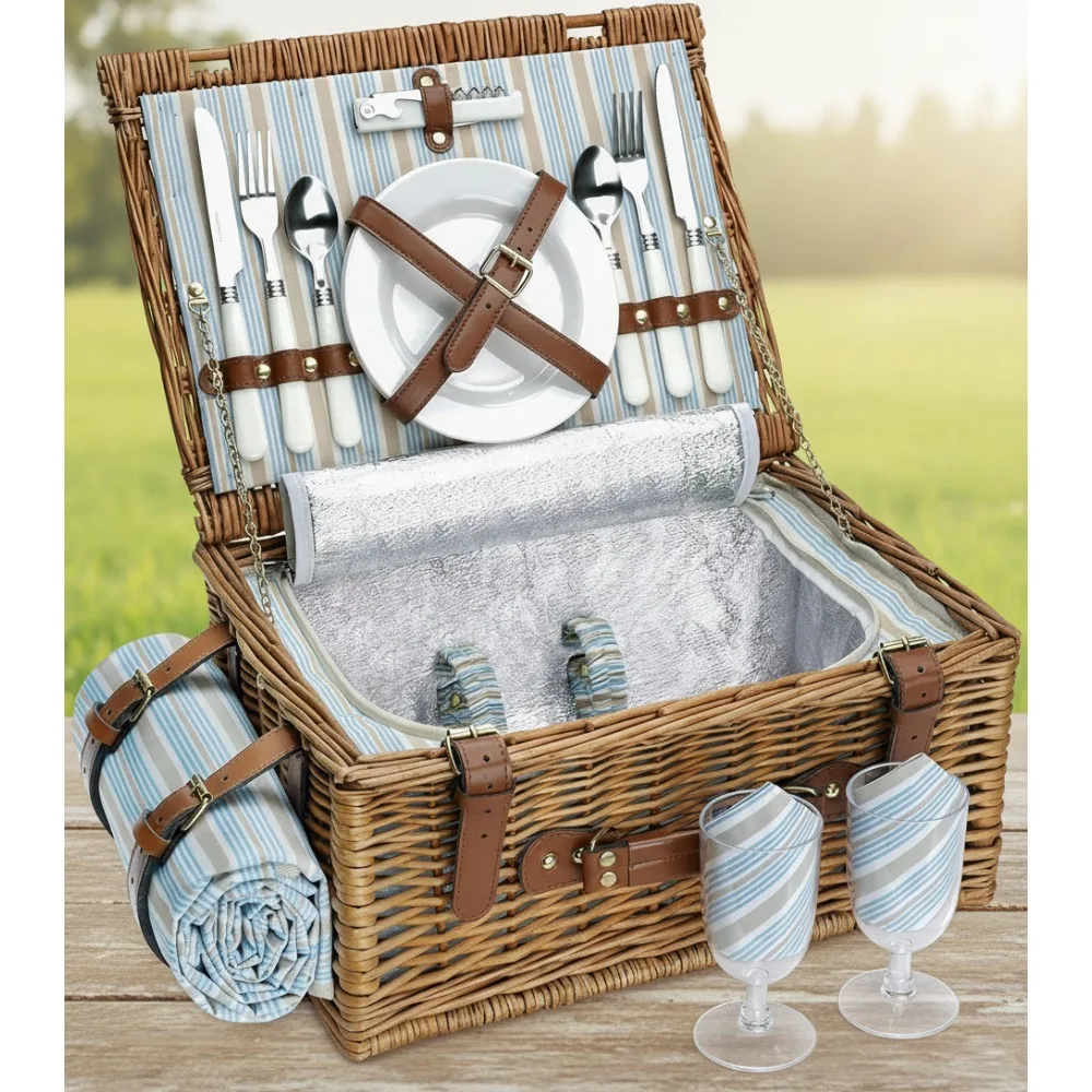 

2-Person Picnic Basket Set with Insulated Cooler, Waterproof Blanket & Cutlery - Classic Brown Willow Hamper