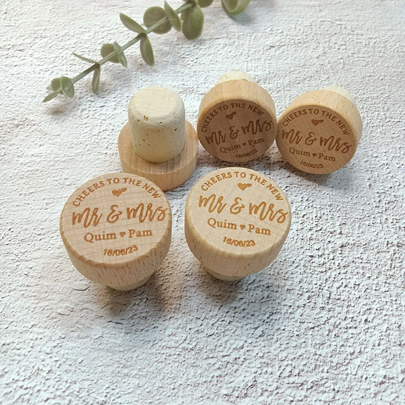 سدادة زجاجة النبيذ المخصصة، هدية شكر لحفلات الزفاف، اسم مخصص للسيد السيدة هدايا الزفاف للضيوف، الفلين الخشبي