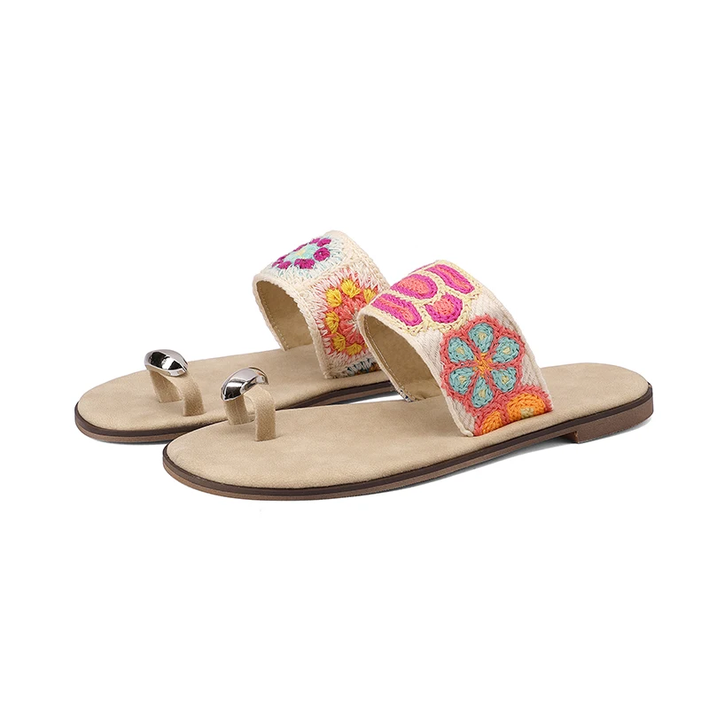 

Женская обувь на плоской подошве в богемном стиле, новые летние вязаные сандалии, простые отпускные тапочки, большие размеры 43, туфли-гладиаторы в стиле ретро, шлепанцы