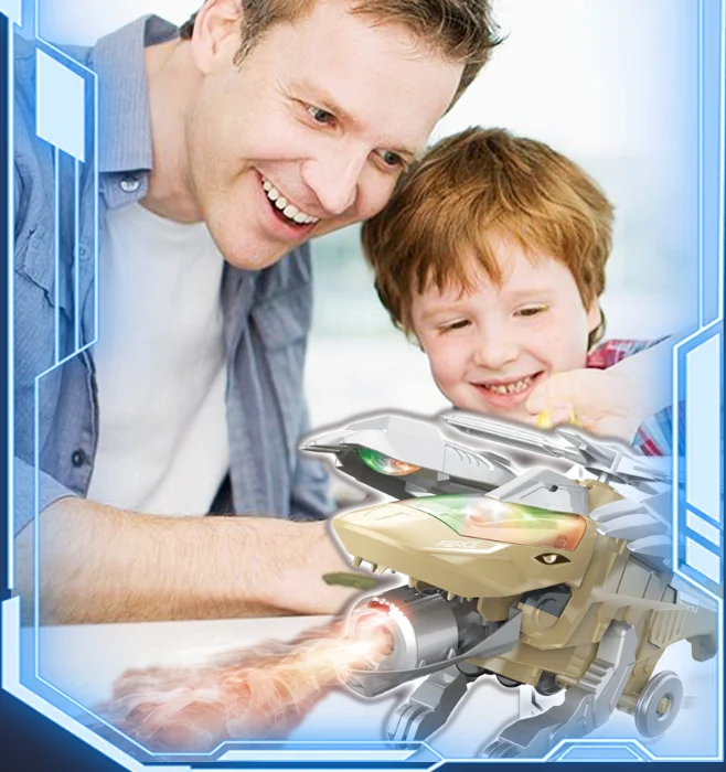 Transformable Dinosaur Helicopter Fighter Toy, LED Light Spray Music for Kids