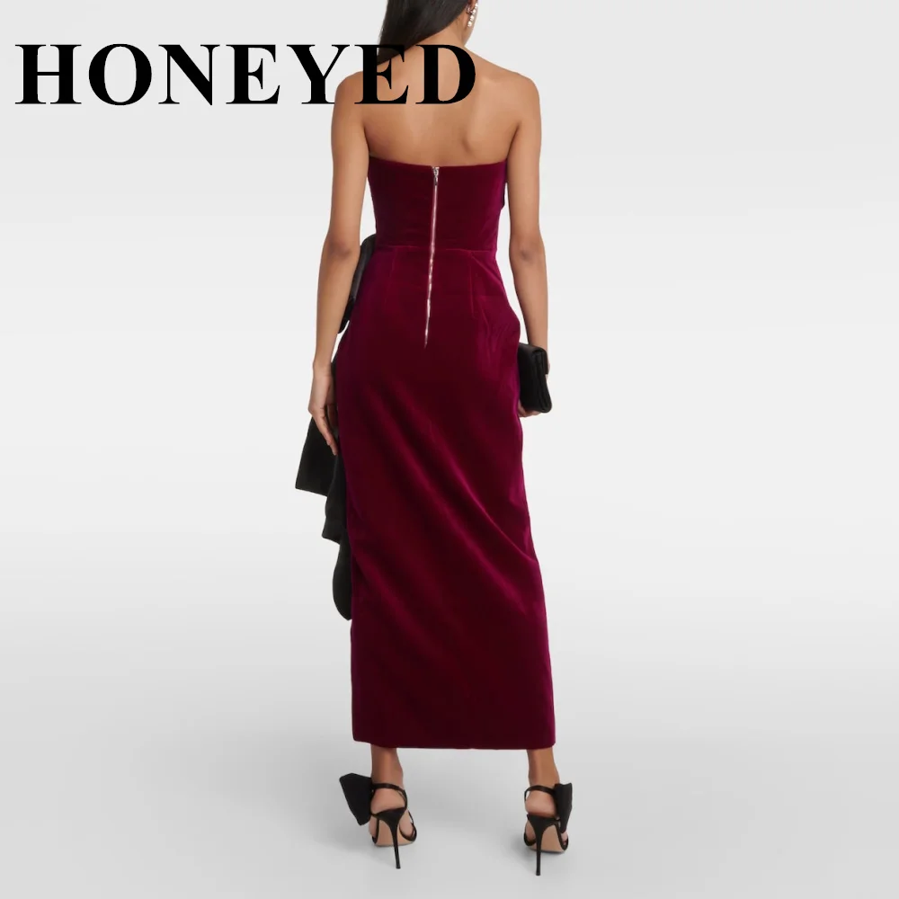 HONEYED Bow Black Velour Sweetheart Evening Party Dresses Modest Big Bow Strapless Side Slit Simple Prom Dress Gowns Elegant