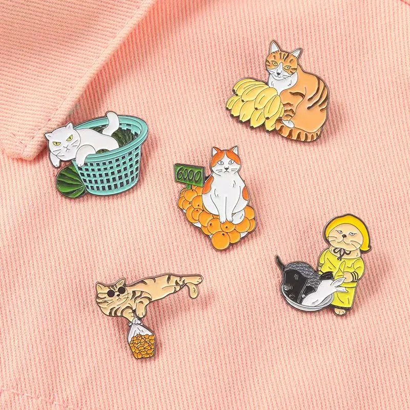 Cute Cat Enamel Pin Animal Sell Fish Orange Fruit Lapel Brooch Badge Funny Lazy Kitten Kindergarten Kid Gift Jewelry Wholesale