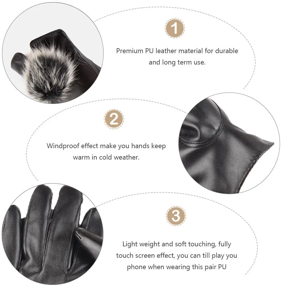 

1Pair Women PU Warm Gloves Touch Screen Winter Gloves Windproof Elegant Ball Design for Outdoor Indoor