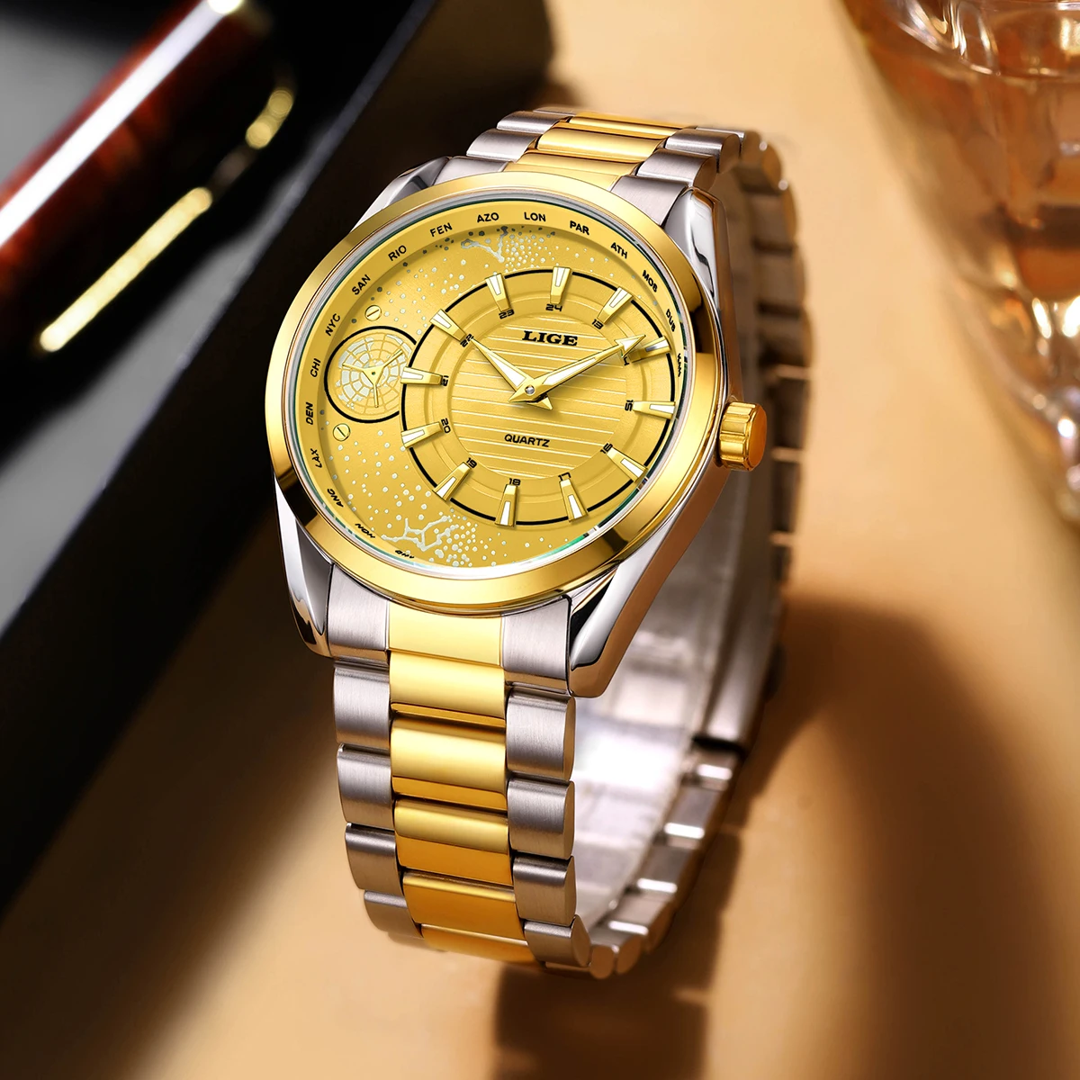 

LIGE Mens Watches Golden Creative Stainless Steel Quartz Wristwatch for Man Luminous Waterproof Male Clock Men's Luxury Watch