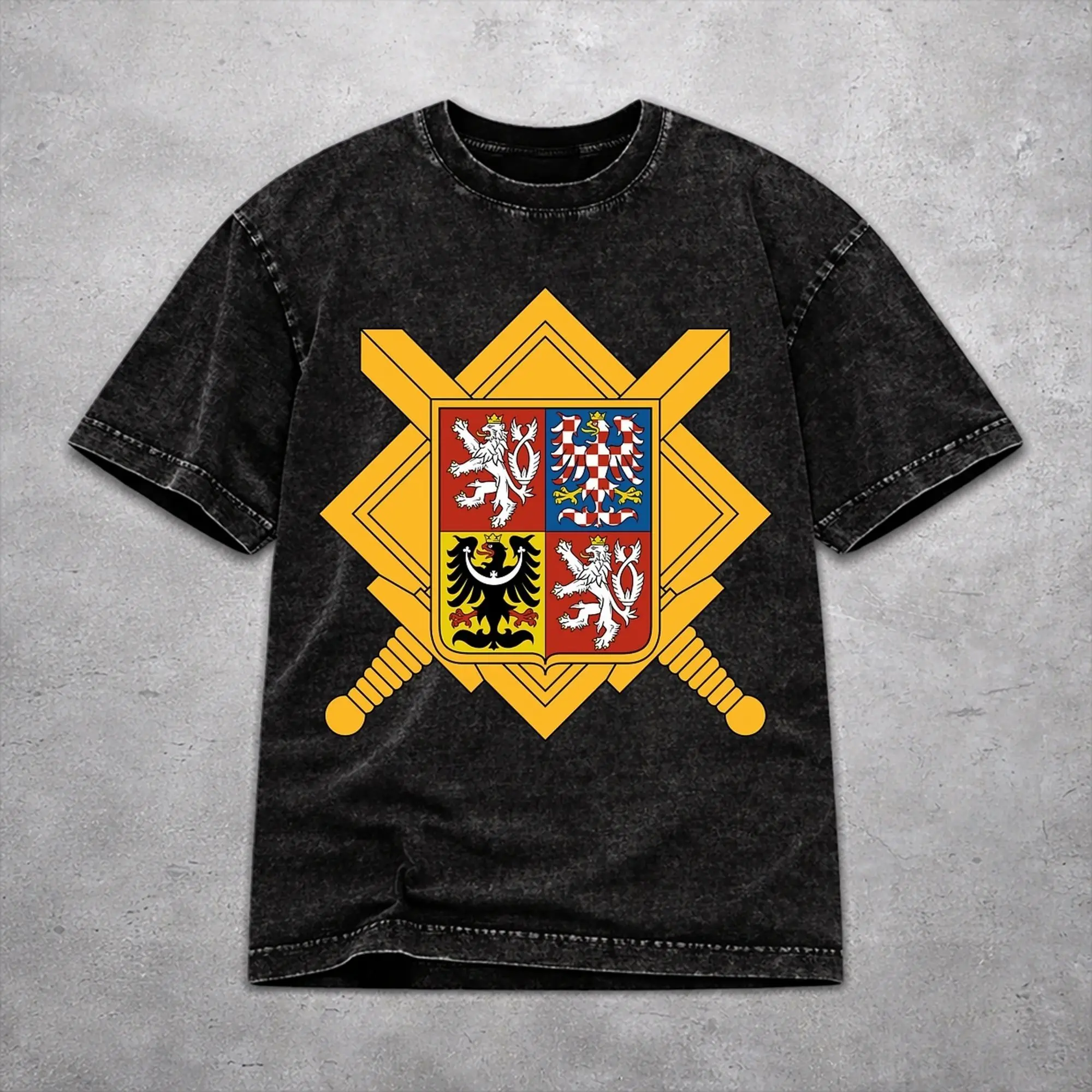 Vintage Men Women Czech Republic Coat of Arms Tee Shirt Oversize Washed  T Shirts Tops