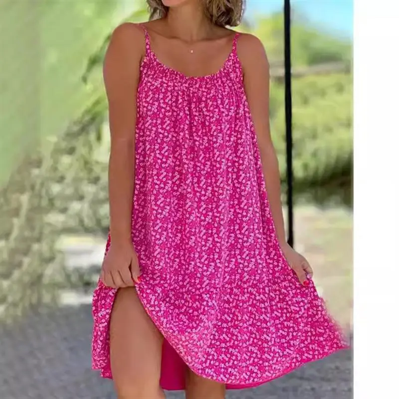 เดรสยาวปานกลางพิมพ์ลายดอกไม้แบบสองด้าน ทรงหลวม ไหล่เดี่ยว ผ้าโพลีเอสเตอร์ ไม่มีแขน แบบชิ้นเดียว รุ่นใหม่