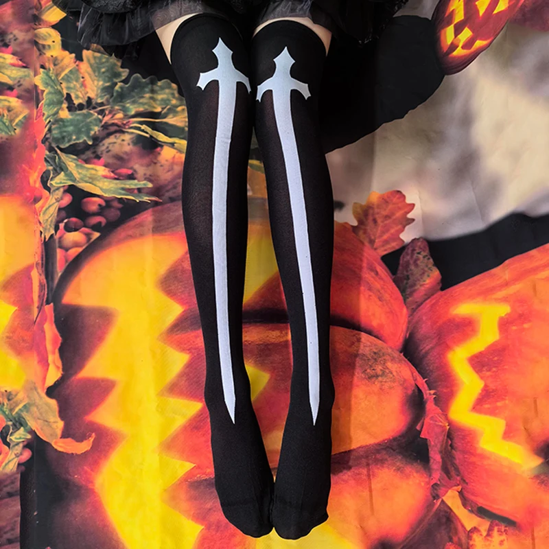 Chaussettes d'Halloween amusantes pour femmes, chaussettes hautes croisées, adaptées au cosplay, chaussettes de fête, chaussettes au-dessus du genou, chaussettes d'infirmière, chaussettes de nonne, 1 paire